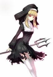 Rule 34 | 1girl, blonde hair, glowing, glowing eyes, nun, polearm, red eyes, solo, spear, thighhighs, trident, weapon, white thighhighs