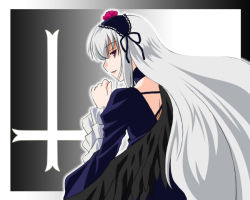 Rule 34 | 00s, 1girl, cross, dress, goth fashion, hair ornament, inverted cross, latin cross, long hair, red eyes, rozen maiden, solo, suigintou, umekichi, wings