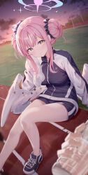 Rule 34 | 1girl, absurdres, blue archive, blue footwear, bottle, breasts, closed mouth, cloud, double bun, evening, hair bun, halo, highres, holding, holding bottle, holding towel, jacket, looking at viewer, low wings, medium breasts, mika (blue archive), outdoors, pink hair, pink halo, pink sky, plastic bottle, pov, roi (liu tian), shoes, sitting, sky, sneakers, solo, solo focus, thighs, towel, track and field, track jacket, water bottle, white wings, wings, yellow eyes