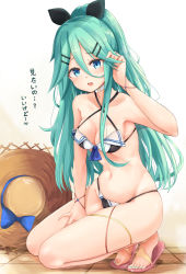 Rule 34 | 1girl, aqua hair, armpits, bare shoulders, bikini, black bikini, black ribbon, blue eyes, blue neckwear, breasts, cleavage, collarbone, commentary, criss-cross halter, from side, full body, hair between eyes, halterneck, hat, highres, kantai collection, kneeling, long hair, looking at viewer, medium breasts, nail polish, navel, neneru, open mouth, ponytail, revision, ribbon, solo, straw hat, sun hat, swimsuit, tile floor, tiles, toes, translated, yamakaze (kancolle)