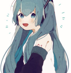 Rule 34 | 1girl, blue eyes, blue hair, blush, detached sleeves, hatsune miku, long hair, long sleeves, looking at viewer, open mouth, ponponzutea, shirt, sleeveless, sleeveless shirt, smile, solo, twintails, upper body, vocaloid