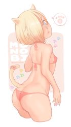 Rule 34 | 1girl, a kun, animal ears, ass, back, bikini, blonde hair, blue eyes, blush, bow, cat ears, cat girl, cat tail, commentary request, covered erect nipples, hair over one eye, highres, looking at viewer, micro bikini, original, panties, pink panties, short hair, solo, swimsuit, tail, tail bow, tail ornament, underwear