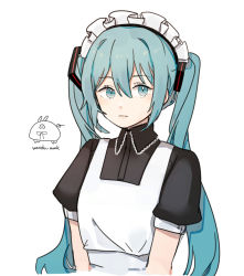 Rule 34 | 1girl, apron, artist logo, artist name, black dress, blue eyes, blue hair, closed mouth, collared dress, commentary, dress, expressionless, hatsune miku, highres, long hair, looking at viewer, maid, maid apron, maid headdress, puffy short sleeves, puffy sleeves, short sleeves, simple background, solo, twintails, upper body, vocaloid, wandu mook, white apron, wings