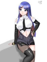 Rule 34 | 1girl, asymmetrical legwear, black necktie, black skirt, black thighhighs, blue eyes, blue hair, breasts, dated, detached sleeves, hand on own hip, highres, kantai collection, large breasts, long hair, maru (marg0613), multicolored hair, navel, necktie, one-hour drawing challenge, red hair, simple background, single leg pantyhose, single thighhigh, skirt, solo, south dakota (kancolle), thighhighs, twitter username, uneven legwear, white hair