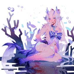 Rule 34 | 1girl, absurdres, animal feet, blood, blood on face, blue bow, blue choker, blue eyes, blue hair, bow, breasts, bubble, chicheesticks, choker, commentary, dragon girl, dragon horns, dragon tail, english commentary, fins, fish, genshin impact, gills, gradient hair, hand on own hip, head fins, head tilt, highres, horns, long hair, medium breasts, multicolored hair, navel, open mouth, pink hair, sangonomiya kokomi, shorts, sitting, smile, solo, tail, twitter username, very long hair, water, white shorts