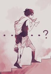 ...? 2boys collared_shirt kneehighs kyannu male_focus multiple_boys omori omori_(omori) shirt short_hair short_sleeves shorts socks sunny_(omori) sweater_vest tank_top upside-down