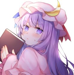 Rule 34 | 1girl, blue ribbon, blush, book, capelet, commentary request, crescent, crescent hair ornament, dress, hair ornament, hat, hat ribbon, head tilt, highres, holding, holding book, long hair, looking at viewer, mob cap, paragasu (parags112), patchouli knowledge, pink capelet, pink dress, pink hat, purple eyes, purple hair, red ribbon, ribbon, simple background, solo, sweat, touhou, upper body, white background