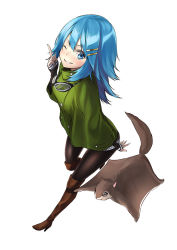 Rule 34 | 1girl, ;), bad id, bad pixiv id, black pantyhose, blue eyes, blue hair, boots, flying squirrel, goggles, goggles around neck, grin, hair ornament, hairpin, high heel boots, high heels, long hair, matching hair/eyes, one eye closed, original, pantyhose, simple background, smile, solo, squirrel, thigh boots, thighhighs, unowen, white background, wink