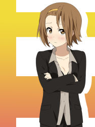 Rule 34 | 1girl, blush, breasts, brown eyes, brown hair, business suit, cleavage, crossed arms, face, formal, hairband, ikari manatsu, k-on!, md5 mismatch, short hair, small breasts, solo, suit, tainaka ritsu