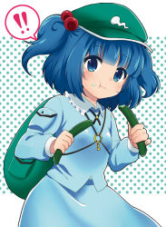 Rule 34 | !, !!, 1girl, :t, backpack, bag, blue eyes, blue hair, blush, cucumber, eating, food, food on face, hair bobbles, hair ornament, hat, ica, kawashiro nitori, key, matching hair/eyes, polka dot, polka dot background, short hair, solo, speech bubble, touhou, twintails, two side up