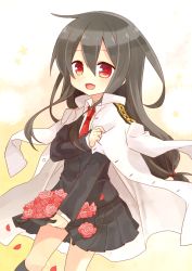 Rule 34 | 10s, 1girl, :d, black hair, black skirt, black socks, blazer, collared shirt, flower, hatsushimo (kancolle), jacket, kantai collection, long hair, low-tied long hair, military, military uniform, nagasioo, naval uniform, necktie, open mouth, petals, pleated skirt, red eyes, red necktie, rose, rose petals, school uniform, shirt, skirt, smile, socks, solo, uniform, white shirt