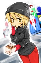 Rule 34 | 1girl, adapted costume, beanie, blonde hair, blush, breasts, contemporary, crescent, eating, food, harusame (unmei no ikasumi), hat, lunasa prismriver, mittens, pants, ribbed sweater, short hair, small breasts, solo, sweater, sweatpants, takoyaki, touhou