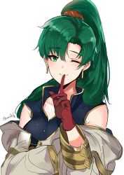 Rule 34 | 1girl, absurdres, asymmetrical bangs, cosplay, fire emblem, fire emblem: the blazing blade, fire emblem heroes, green eyes, green hair, high ponytail, highres, hood, kiran (fire emblem), long hair, looking at viewer, lyn (fire emblem), nintendo, ormille, ponytail, simple background, smile, solo, white background