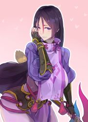 Rule 34 | 1girl, black gloves, bodysuit, bracer, breasts, fate/grand order, fate (series), fingerless gloves, gloves, heart, highres, holding, holding sword, holding weapon, hsin, katana, large breasts, long hair, looking at viewer, minamoto no raikou (fate), pink background, purple eyes, purple hair, simple background, smile, solo, sword, weapon