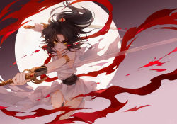 Rule 34 | 1boy, androgynous, ashura (rg veda), black hair, dress, dual wielding, hair ornament, holding, keylin-lin-, male focus, moon, moonlight, outstretched arm, parted bangs, ponytail, rg veda, running, serious, short dress, solo, sword, trap, watermark, weapon, white dress, yellow eyes