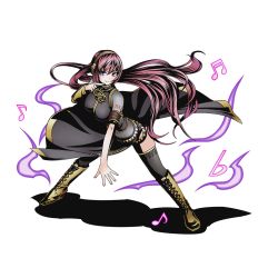 Rule 34 | 10s, 1girl, alpha transparency, black skirt, black thighhighs, blue eyes, boots, brown footwear, divine gate, flat sign, floating hair, full body, headphones, index finger raised, knee boots, leaning forward, long hair, looking at viewer, megurine luka, musical note, navel, official art, quaver, red hair, see-through, shadow, skirt, smile, solo, thighhighs, transparent background, ucmm, very long hair, vocaloid, yellow footwear