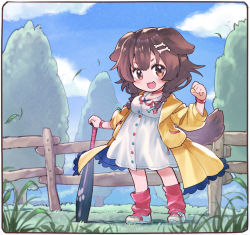 Rule 34 | 1girl, animal collar, animal ears, baseball bat, blue sky, bone hair ornament, bracelet, braid, brown eyes, brown hair, buttons, cartoon bone, chibi, cloud, collar, commentary request, dog ears, dog girl, dog tail, dress, fang, fence, grass, hair ornament, hairclip, highres, hololive, inugami korone, inugami korone (1st costume), jacket, jewelry, long hair, looking at viewer, loose socks, low twin braids, outdoors, paw print, red collar, red socks, sakino shingetsu, shoes, short dress, side braids, sky, sneakers, socks, solo, tail, tree, twin braids, virtual youtuber, white dress, wooden fence, wristband, yellow jacket