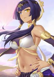 Rule 34 | 1girl, bare shoulders, black hairband, blue sky, blunt bangs, breasts, candace (genshin impact), commentary, crop top, detached sleeves, genshin impact, hairband, hands on own hips, heterochromia, highres, large breasts, linreplica, long hair, midriff, nail polish, navel, outdoors, purple eyes, purple hair, purple nails, sidelocks, sky, sleeveless, solo, stomach, upper body, yellow eyes