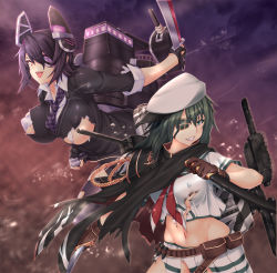 Rule 34 | 10s, 2girls, breasts, convenient censoring, covered erect nipples, eyepatch, groin, hat, highres, kantai collection, kiso (kancolle), kiso kai ni (kancolle), large breasts, multiple girls, navel, sword, tenryuu (kancolle), underboob, weapon, yui.h