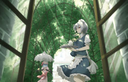 Rule 34 | 2girls, apron, ascot, back bow, bat wings, blue dress, blue hair, bow, braid, breasts, commentary request, day, dress, eyebrows hidden by hair, facing away, feet out of frame, foliage, from below, green ascot, green bow, greenhouse, grey hair, hair between eyes, hair bow, hair ribbon, hat, hat bow, highres, holding, holding tray, holding umbrella, izayoi sakuya, light rays, looking ahead, maid apron, maid headdress, medium breasts, mob cap, multiple girls, otomeza ryuseigun, parasol, petticoat, pink dress, pink eyes, pink headwear, profile, puffy short sleeves, puffy sleeves, red bow, remilia scarlet, ribbon, scenery, short hair, short sleeves, side braids, standing, teapot, touhou, tray, tress ribbon, twin braids, umbrella, waist apron, white apron, white headwear, wings, wrist cuffs