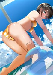 Rule 34 | 1girl, absurdres, all fours, bad id, bad pixiv id, ball, barefoot, beachball, bikini, black hair, blue eyes, blue sky, breasts, cloud, commentary request, dutch angle, highres, hololive, horizon, looking at viewer, medium breasts, melow menow, oozora subaru, oozora subaru (hololive summer 2019), short hair, sky, solo, striped bikini, striped clothes, swimsuit, virtual youtuber, yellow bikini