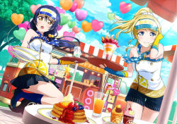 Rule 34 | 10s, 2girls, alternate hairstyle, ayase eli, balloon, bare shoulders, blonde hair, blue eyes, blue hair, blush, brown eyes, character name, cupcake, drink, drinking straw, fingerless gloves, food, food stand, fruit, gloves, long hair, love live!, love live! school idol festival, love live! school idol project, low ponytail, multiple girls, non-web source, official art, pancake, pinstripe pattern, polka dot, ponytail, scarf, scrunchie, skirt, smile, sonoda umi, strawberry, striped, tray, visor cap
