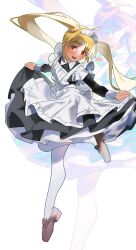 Rule 34 | 1girl, absurdres, ahoge, apron, black dress, blonde hair, blush, bocchi the rock!, commentary request, detached ahoge, dress, floating, floating hair, full body, grey footwear, highres, ijichi nijika, leg up, long hair, long sleeves, looking at viewer, maid apron, maid headdress, open mouth, pantyhose, parted bangs, red eyes, side ponytail, simple background, skirt hold, smile, sofa (enogunomu), solo, teeth, twitter username, very long hair, white apron, white background, white pantyhose, zoom layer