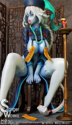 Rule 34 | 1girl, bags under eyes, bead necklace, beads, black nails, blue skin, blush, braid, breasts, candle, candlestand, colored skin, covered erect nipples, cumbie, figure, fire, grey hair, hair between eyes, hanging breasts, hat, heart, heart-shaped pupils, high heels, jewelry, jiangshi, large breasts, long hair, monster girl, nail polish, navel, necklace, nipples, ofuda, ofuda on nipples, open mouth, original, pasties, revealing clothes, sagging breasts, shoes, sideboob, single braid, slingshot swimsuit, stranger works, swimsuit, symbol-shaped pupils, talisman, thick thighs, thighhighs, thighs, tongue, tongue out, undead, very long hair, white thighhighs, wide sleeves