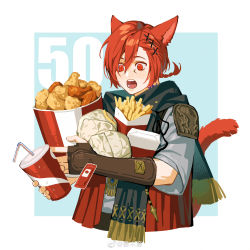 Rule 34 | 1boy, :o, absurdres, animal ears, black scarf, blue background, border, braid, braided ponytail, brown gloves, bucket of chicken, burger, cat boy, cat ears, cat tail, chicken (food), chinese commentary, commentary request, cropped torso, cup, disposable cup, drink, drinking straw, elbow gloves, facial mark, fan mu zhang, fast food, final fantasy, final fantasy xiv, fingerless gloves, food, french fries, fried chicken, fringe trim, from side, g&#039;raha tia, gloves, grey shirt, hair between eyes, hair ornament, highres, holding, holding cup, holding food, ketchup, looking at food, looking down, low ponytail, male focus, miqo&#039;te, neck tattoo, open mouth, outside border, red eyes, red hair, scarf, shirt, short hair, single braid, slit pupils, solo, swept bangs, tail, tattoo, upper body, weibo logo, weibo watermark, white border, wide-eyed, wrapper, x hair ornament