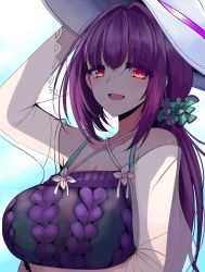 Rule 34 | 1girl, breasts, fate/grand order, fate (series), hair between eyes, han (jackpot), hat, highres, large breasts, long hair, looking at viewer, open mouth, purple hair, red eyes, scathach (fate), scathach skadi (fate), scathach skadi (swimsuit ruler) (fate), scathach skadi (swimsuit ruler) (second ascension) (fate), smile, solo, white hat