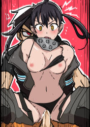 Rule 34 | 1boy, 1girl, absurdres, bikini, bikini under clothes, black bikini, black hair, blush, breasts, character request, cleavage, clothing aside, coat, cum, cum in pussy, curvy, en&#039;en no shouboutai, gloves, hetero, highres, long hair, mark gavatino, medium breasts, nipples, open clothes, pants, penis, pussy, reverse cowgirl position, sex, sex from behind, spread legs, straddling, swimsuit, swimsuit aside, tamaki kotatsu, twintails, uncensored, vaginal, yellow eyes