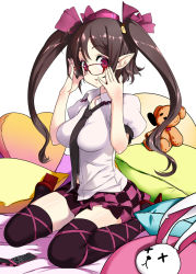 Rule 34 | 1girl, adjusting eyewear, bed, bespectacled, black thighhighs, breasts, brown hair, cellphone, checkered clothes, checkered skirt, colored eyelashes, cushion, eyelashes, female focus, full body, glasses, hat, highres, himekaidou hatate, leg ribbon, long hair, looking at viewer, mahan, necktie, phone, pointy ears, red eyes, ribbon, sitting, skirt, solo, stuffed animal, stuffed toy, teddy bear, thighhighs, tokin hat, touhou, twintails, wariza