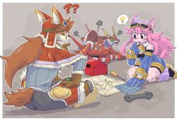 Rule 34 | 1boy, 1girl, ?, ??, absurdres, alm lobo, animal ears, blueprint (object), blush, brown hair, chocolat gelato, commentary request, dog boy, dog ears, dog girl, finger to face, furry, furry female, furry male, goggles, goggles on head, hands on own legs, highres, indian style, light bulb, little tail bronx, pink hair, red savarin, robot, scar, scar on face, scar on nose, screwdriver, sitting, smoke, solatorobo, spanish commentary, speech bubble, spoken light bulb, teardrop, toolbox, wrench