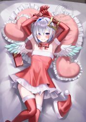 1girl alternate_costume amane_kanata angel_wings arm_up armpits bare_shoulders bed_sheet blue_hair blush bound bound_wrists bow bowtie christmas colored_inner_hair detached_sleeves dress elbow_gloves feathered_wings flat_chest frilled_pillow frilled_skirt frills from_above fur-trimmed_dress fur-trimmed_headwear fur-trimmed_sleeves fur-trimmed_thighhighs fur_trim gift gloves gradient_eyes grey_hair grin hair_over_one_eye hat heart heart-shaped_pillow highres hololive knees_together_feet_apart layered_skirt looking_at_viewer multicolored_eyes multicolored_hair on_bed pillow red_bow red_bowtie red_dress red_ribbon red_thighhighs ribbon santa_costume santa_dress santa_hat short_dress short_hair shuriken_hair_ornament single_hair_intake skirt sleeveless sleeveless_dress smallpine_7 smile solo strapless strapless_dress swept_bangs thighhighs two-tone_hair unworn_hat unworn_headwear virtual_youtuber watermark wings