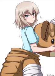 Rule 34 | 1girl, animal costume, bandaid, bandaid on face, bear costume, blue eyes, blue shirt, blush, boko (girls und panzer), casual, closed mouth, commentary, from side, frown, girls und panzer, half-closed eyes, highres, holding, itsumi erika, looking at viewer, mascot costume, medium hair, omachi (slabco), one-hour drawing challenge, shirt, short sleeves, silver hair, simple background, solo, standing, t-shirt, twitter username, white background