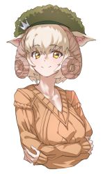 Rule 34 | 1girl, absurdres, animal ears, arms under breasts, beret, blonde hair, brown sweater, commentary, cropped torso, curled horns, green hat, hair between eyes, hat, highres, horizontal pupils, horns, kemono friends, long sleeves, looking at viewer, orange eyes, sheep (kemono friends), sheep ears, sheep horns, short hair, simple background, smile, solo, split mouth, sweater, tanabe (fueisei), upper body, white background