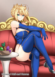 Rule 34 | 1girl, apple, armpits, artoria pendragon (fate), artoria pendragon (lancer) (fate), ass, bare shoulders, blue gloves, blue leotard, blue thighhighs, boots, bowl, braid, breasts, closed mouth, couch, crossed legs, crown, fate/grand order, fate (series), food, french braid, fruit, fruit bowl, gloves, grapes, green eyes, hair between eyes, heattech leotard, hellandheaven, highleg, highleg leotard, highres, large breasts, leg up, leotard, looking at viewer, medium hair, peach, pineapple, seductive smile, sitting, smile, solo, swept bangs, thigh boots, thighhighs, turtleneck
