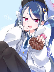 Rule 34 | 1girl, absurdres, antenna hair, blue archive, blue hair, blue necktie, blush, bow, commentary request, doughnut, food, fubuki (blue archive), grey hair, hair between eyes, hair bow, hair ornament, hairclip, hat, heart, heart hair ornament, high collar, highres, holding, holding food, jacket, long hair, long sleeves, looking at viewer, marui kado, multicolored hair, necktie, open mouth, pantyhose, red eyes, school uniform, shirt, simple background, solo, streaked hair, twintails, twitter username, two-tone background, very long hair, white bow, white jacket, white shirt