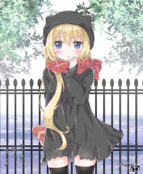 Rule 34 | 1girl, animal ears, animal hat, arm behind back, asymmetrical hair, averting eyes, black dress, black hat, black thighhighs, blonde hair, blue eyes, blush, box, cat ears, cat hat, closed mouth, commentary request, cowboy shot, dated, day, dress, enpera, gift, gift box, hair between eyes, hat, holding, holding gift, long hair, long sleeves, looking to the side, original, outdoors, railing, red scarf, scarf, scarf grab, signature, solo, standing, thighhighs, tia-chan, uchuuneko, valentine, very long hair, wavy mouth