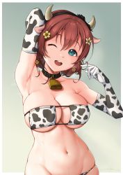 Rule 34 | 1girl, ;d, absurdres, animal collar, animal ears, animal print, aqua eyes, arm behind head, arm up, armpits, artist name, bare shoulders, bell, bikini, black bow, black collar, black hairband, body freckles, border, bow, bow hairband, breasts, chinese zodiac, cleavage, collar, collarbone, cow ears, cow horns, cow print, cowbell, elbow gloves, emma verde, eyepatch bikini, fake animal ears, fake horns, flower, freckles, gloves, gradient background, green background, groin, hair between eyes, hair bow, hair flower, hair ornament, hairband, hand up, head tilt, highres, horns, large breasts, looking at viewer, love live!, love live! nijigasaki high school idol club, navel, neck bell, one eye closed, open mouth, outside border, print bikini, print gloves, red hair, shiny skin, short hair, signature, skindentation, smile, solo, standing, stomach, sweat, swimsuit, teeth, unsfrau, upper body, upper teeth only, white border, year of the ox, yellow flower