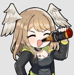 Rule 34 | 1girl, alcohol, black choker, black jacket, blush, breasts, brown hair, chest tattoo, choker, cleavage, closed eyes, commentary, desspie, drink, english commentary, eunie (xenoblade), grey background, head wings, highres, holding, holding drink, jack daniel&#039;s, jacket, medium breasts, medium hair, open clothes, open jacket, open mouth, simple background, solo, swept bangs, tattoo, whiskey, wings, xenoblade chronicles (series), xenoblade chronicles 3