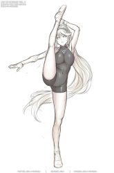 Rule 34 | 1girl, armpits, bare legs, bodysuit, breasts, covered navel, full body, gofelem, greyscale, large breasts, long hair, monochrome, pneuma (xenoblade), ponytail, simple background, sketch, skin tight, solo, split, spoilers, standing, standing on one leg, standing split, very long hair, white background, xenoblade chronicles (series), xenoblade chronicles 2