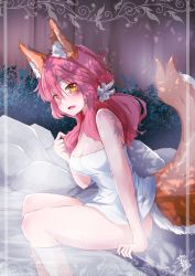 Rule 34 | 1girl, absurdres, animal ear fluff, animal ears, bath, bathing, blush, breasts, cleavage, covering privates, fang, fate (series), fox ears, fox girl, fox tail, highres, large breasts, onsen, open mouth, outdoors, partially submerged, pink hair, rock, sitting, solo, steam, tail, tamamo (fate), tamamo no mae (fate/extra), water, wet, wet hair, yellow eyes