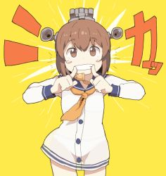 Rule 34 | 1girl, brown eyes, brown hair, cowboy shot, dokan (dkn), dress, emphasis lines, kantai collection, looking at viewer, neckerchief, orange neckerchief, sailor dress, school uniform, see-through, short hair, simple background, smile, solo, speaking tube headset, standing, wide hips, yellow background, yellow neckerchief, yukikaze (kancolle)