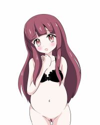 Rule 34 | 1girl, black bra, blush, bottomless, bra, breasts, brown eyes, brown hair, hanazono yurine, highres, jashin-chan dropkick, long hair, looking at viewer, navel, no panties, open mouth, pregnant, simple background, small breasts, solo, underwear, white background
