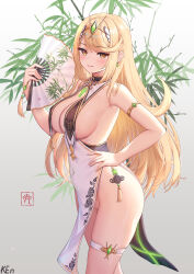 Rule 34 | 1girl, absurdres, adapted costume, alternate costume, armlet, armpits, bare arms, bare shoulders, blonde hair, breast curtains, breasts, china dress, chinese clothes, circlet, cleavage, closed mouth, covered erect nipples, covered navel, dress, floral print, folding fan, gold trim, hand fan, hand on own hip, hand up, highres, holding, holding fan, ken-san, large breasts, long hair, looking at viewer, mythra (xenoblade), no panties, orange eyes, pelvic curtain, print dress, revealing clothes, sideboob, skindentation, sleeveless, sleeveless dress, smile, solo, standing, swept bangs, thigh strap, thighs, very long hair, white dress, wide hips, xenoblade chronicles (series), xenoblade chronicles 2, yellow eyes