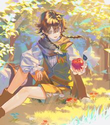 Rule 34 | 1boy, absurdres, androgynous, apple, barbatos (genshin impact), bishounen, blue eyes, boots, braid, brown cape, brown hair, brown shorts, cape, commentary request, day, elemental (creature), feet out of frame, flower, food, fruit, genshin impact, grass, grey vest, hair between eyes, highres, holding, holding food, holding fruit, long sleeves, looking at another, lyre, male focus, nameless bard (genshin impact), nature, on ground, outdoors, puffy long sleeves, puffy sleeves, red apple, red flower, sainome (imveryfinethx), shirt, short hair with long locks, shorts, sitting, smile, spirit, sunlight, twin braids, vest, white flower, white shirt