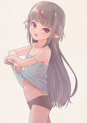 Rule 34 | 1girl, absurdres, bare shoulders, blush, bow, bow panties, camisole, camisole lift, clothes lift, commentary, flat chest, grey hair, grey panties, hair down, highres, lifting own clothes, long hair, looking at viewer, makaino ririmu, multicolored hair, navel, nijisanji, no pants, open mouth, panties, pointy ears, red eyes, red hair, sabamen, sidelocks, simple background, smile, solo, strap slip, streaked hair, underwear, virtual youtuber