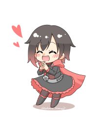Rule 34 | 1girl, ammunition, ammunition belt, artist request, belt, black hair, blush, boots, cape, chibi, cloak, closed eyes, corset, cross, dress, flower, full body, gothic lolita, gradient hair, happy, heart, hood, lolita fashion, long sleeves, multicolored hair, open mouth, own hands together, red hair, rose, ruby rose, rwby, shadow, short hair, simple background, skirt, smile, solo, standing, tongue, two-tone hair, white background