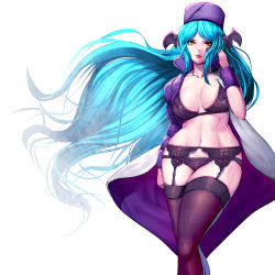 Rule 34 | 1girl, arm at side, bat wings, black bow, black bra, blue hair, bow, bra, breasts, collarbone, curvy, dokidoki! precure, floating hair, garter belt, hand in own hair, harihisa, hat, head wings, high collar, jacket, lace, large breasts, long hair, looking at viewer, mamo (dokidoki! precure), navel, parted lips, pink lips, plaid, precure, purple hat, purple jacket, simple background, solo, standing, stomach, thighhighs, toned, underwear, white background, wide hips, wings, wristband, yellow eyes